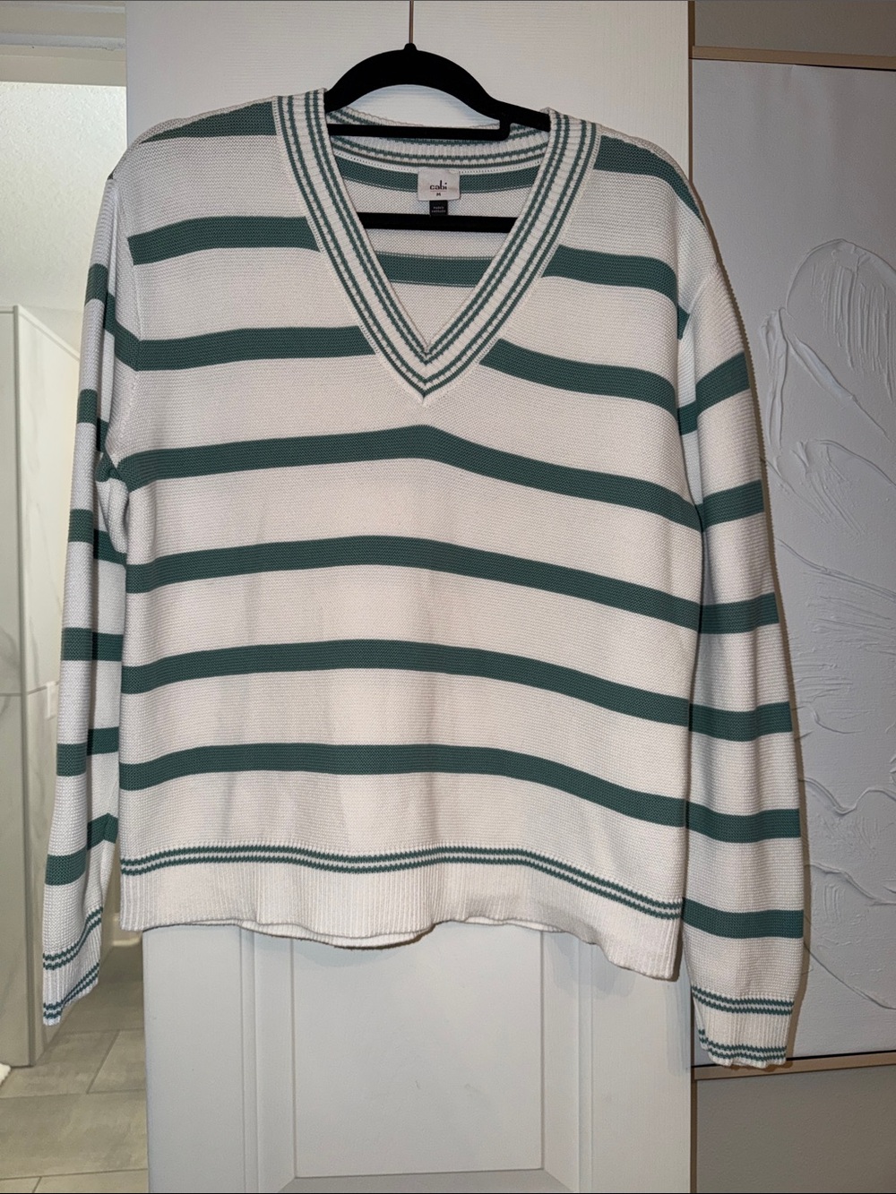 CAbi Athena Pullover Striped V-Neck Sweater in White and Green NWOT Size Medium